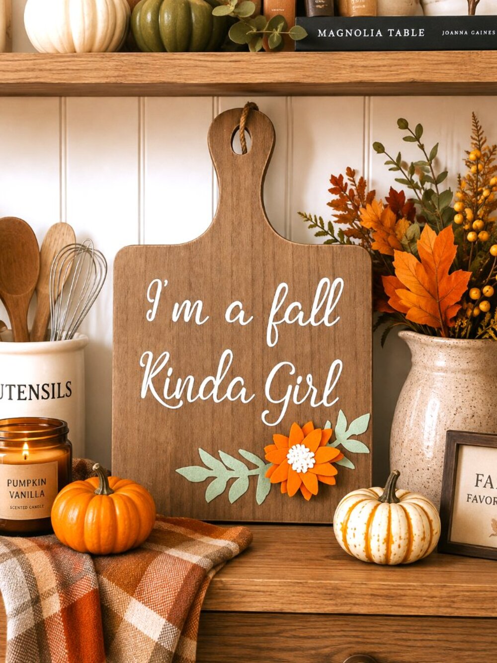 I'm a Fall Kinda Girl Wood Cutting Board Wall or Table Décor Floral Embellished